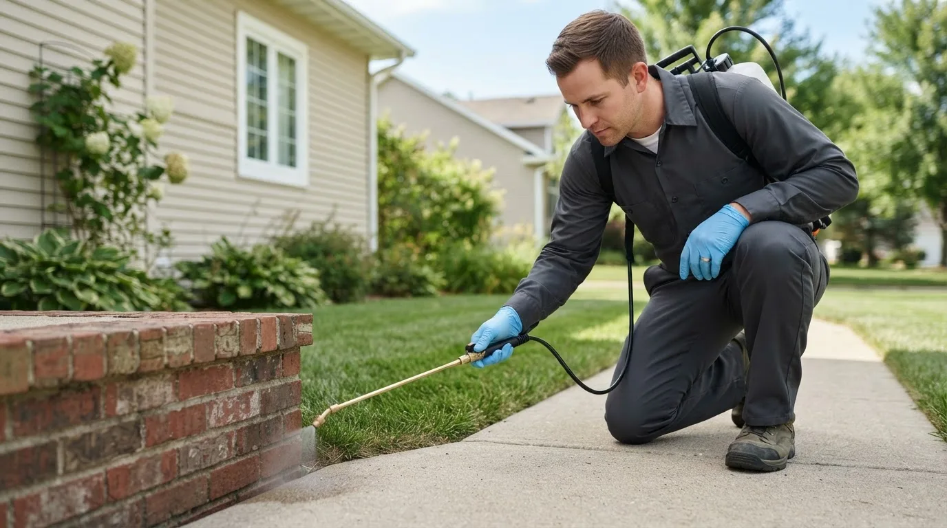 Pest control technician treating a home near Pierce City, MO